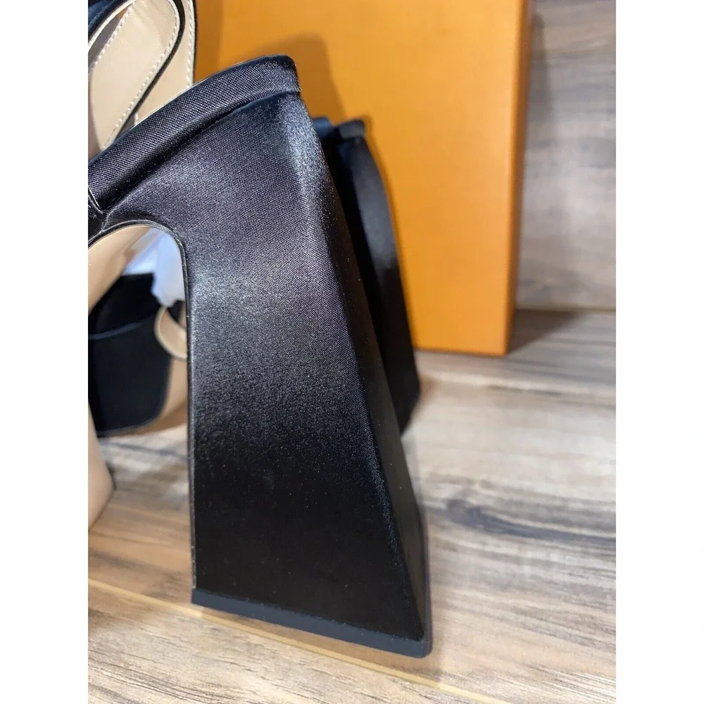 Women Platform‎ Chunky Sling back Satin Heels, Sz 8
